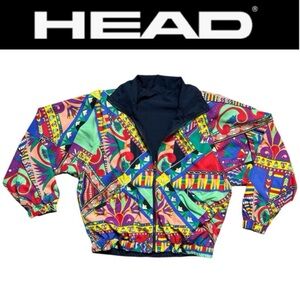 VINTAGE HEAD REVERSIBLE WINDBREAKER 90s ABSTRACT PRINT CROPPED UNISEX *RARE*